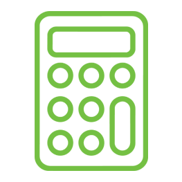 Line drawing of a calculator in green with black background.
