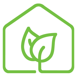 Green outline of a house with a leaf inside.