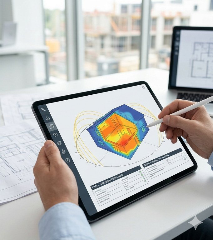 Person using a stylus on a tablet displaying architectural heat map of a building.