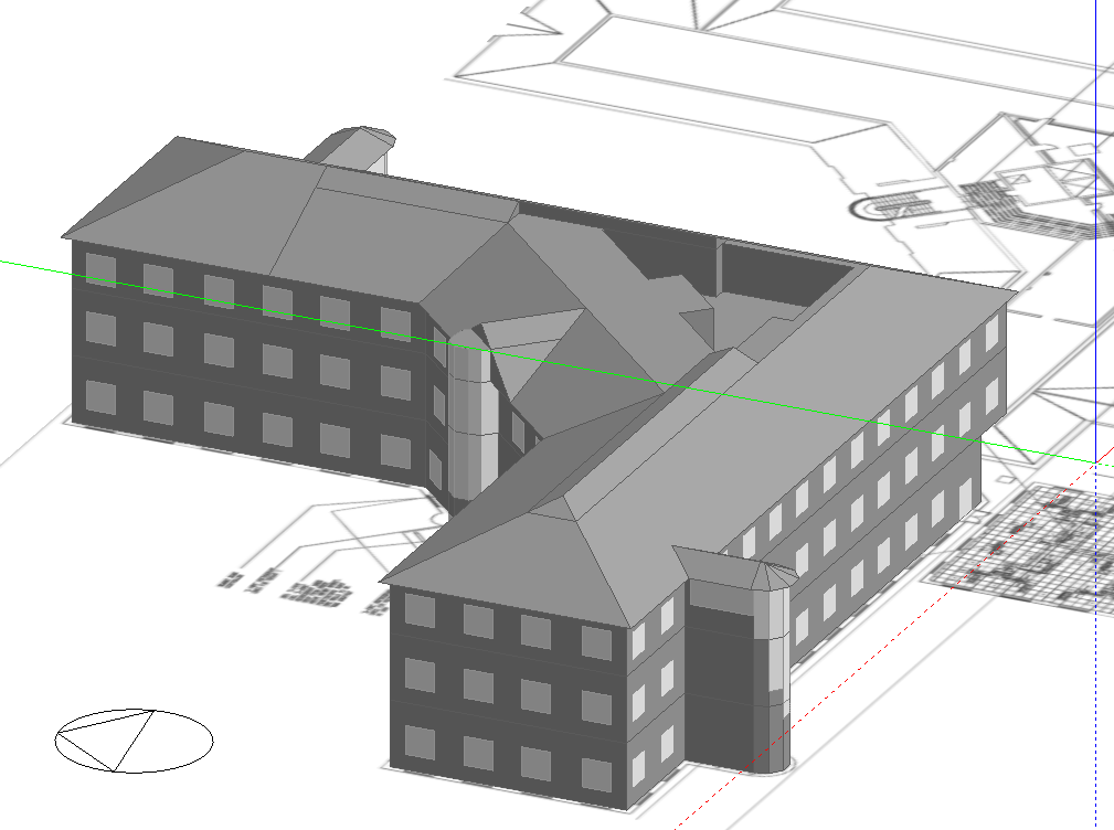 3D model of a multi-story building with a courtyard, shown on top of architectural blueprints.
