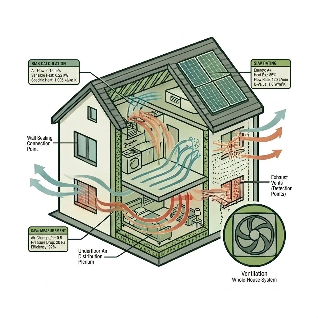Diagram of a whole-house ventilation system showing air flow, exhaust vents, wall sealing points, solar panels on the roof, and various technical measurements and ratings.