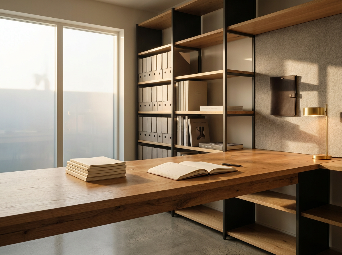 Office with a large wooden desk, an open notebook, a closed stack of notebooks or folders, a shelf with binders, a black folder on the wall, and a modern brass desk lamp. Sunlight is coming through large windows.