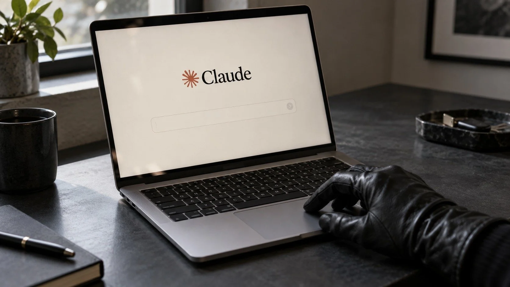 A black-gloved hand operates a silver laptop displaying Claude on a plain desk.