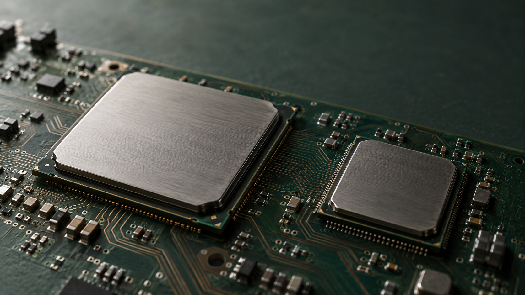 Two unbranded silver processor packages sit on a dark green circuit board linked by fine copper traces.