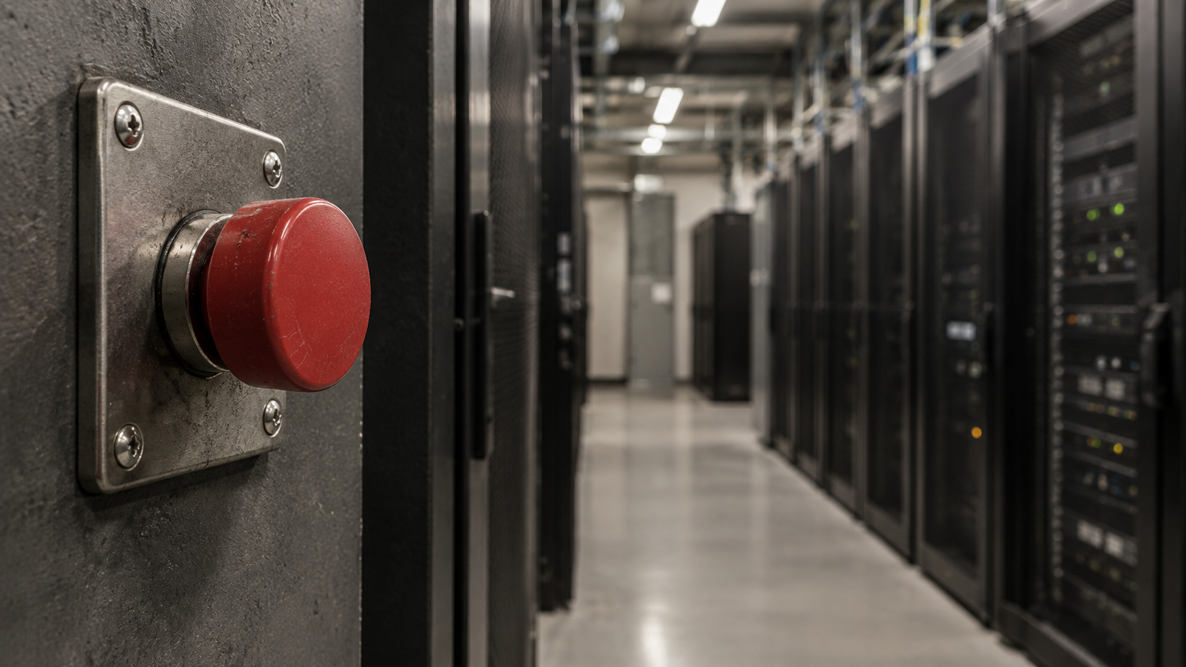 A red emergency-stop button on a metal plate beside a softly blurred aisle of server racks.