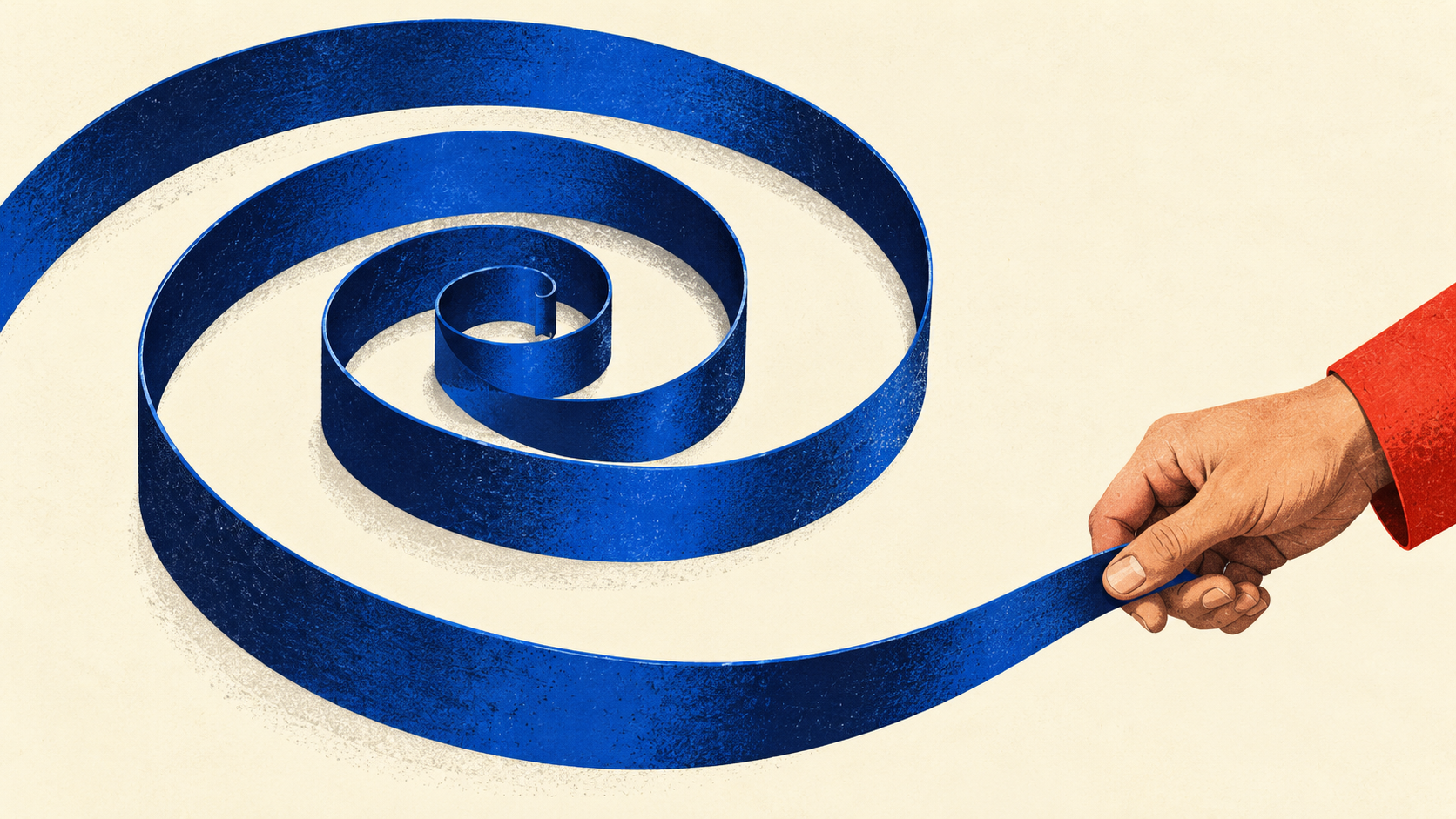 A hand in a vermilion sleeve holds the end of a large cobalt-blue spiral against a warm ivory background.