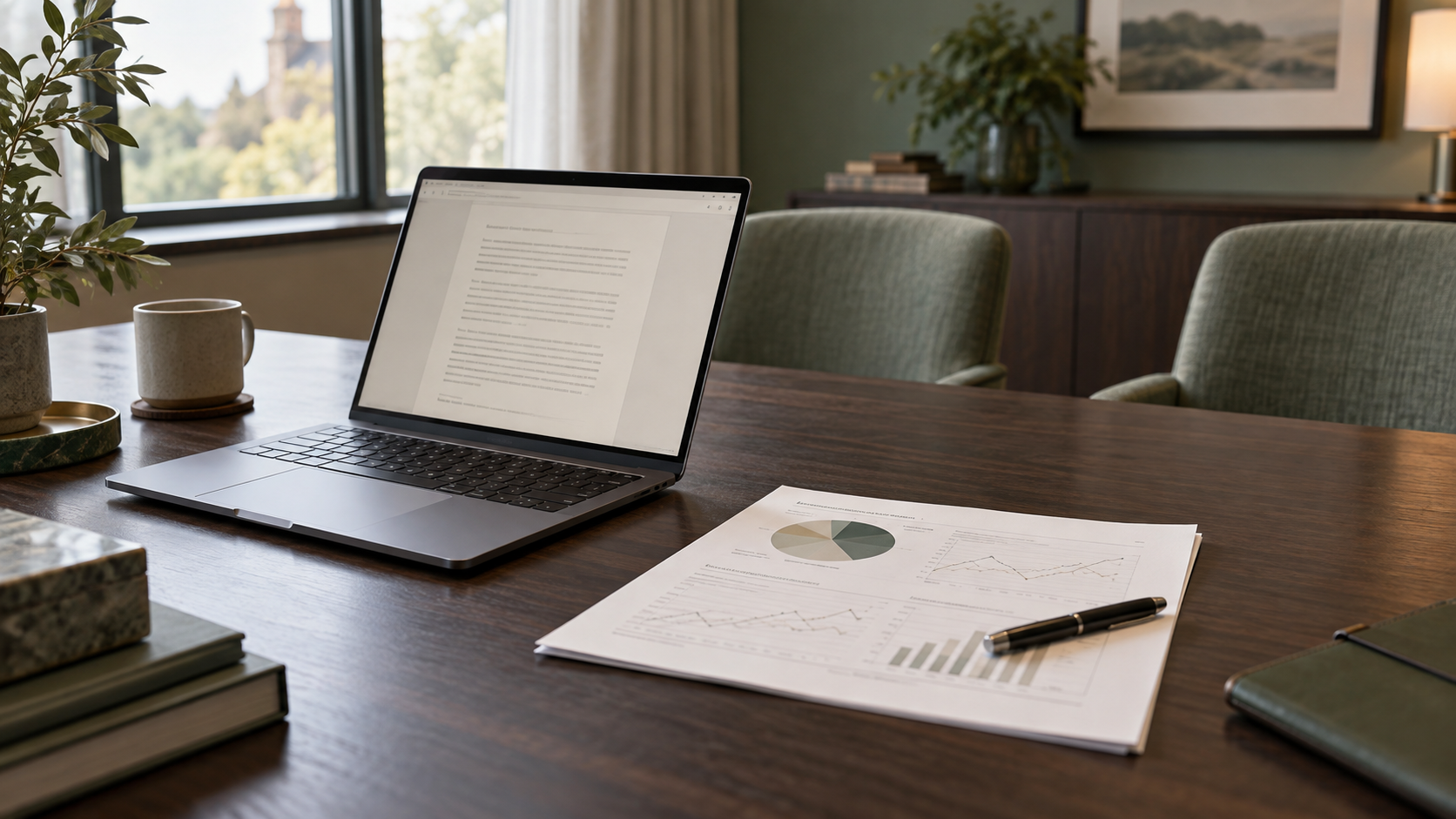 An open laptop, printed portfolio charts and a pen sit on a wooden meeting table opposite two empty chairs.