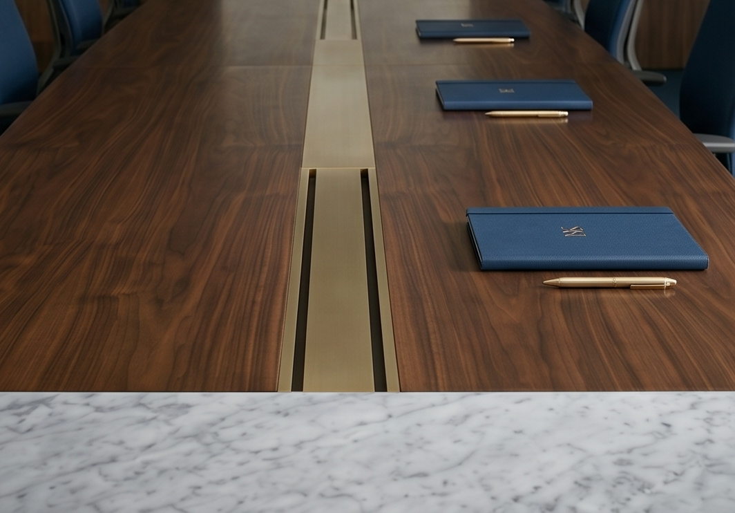 Image of a board table with notepads and pens