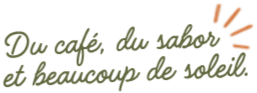 Texto en estilo manuscrito que dice 'Dul café, dul sabor, et beaucoup de soleil' con detalles decorativos en los extremos.