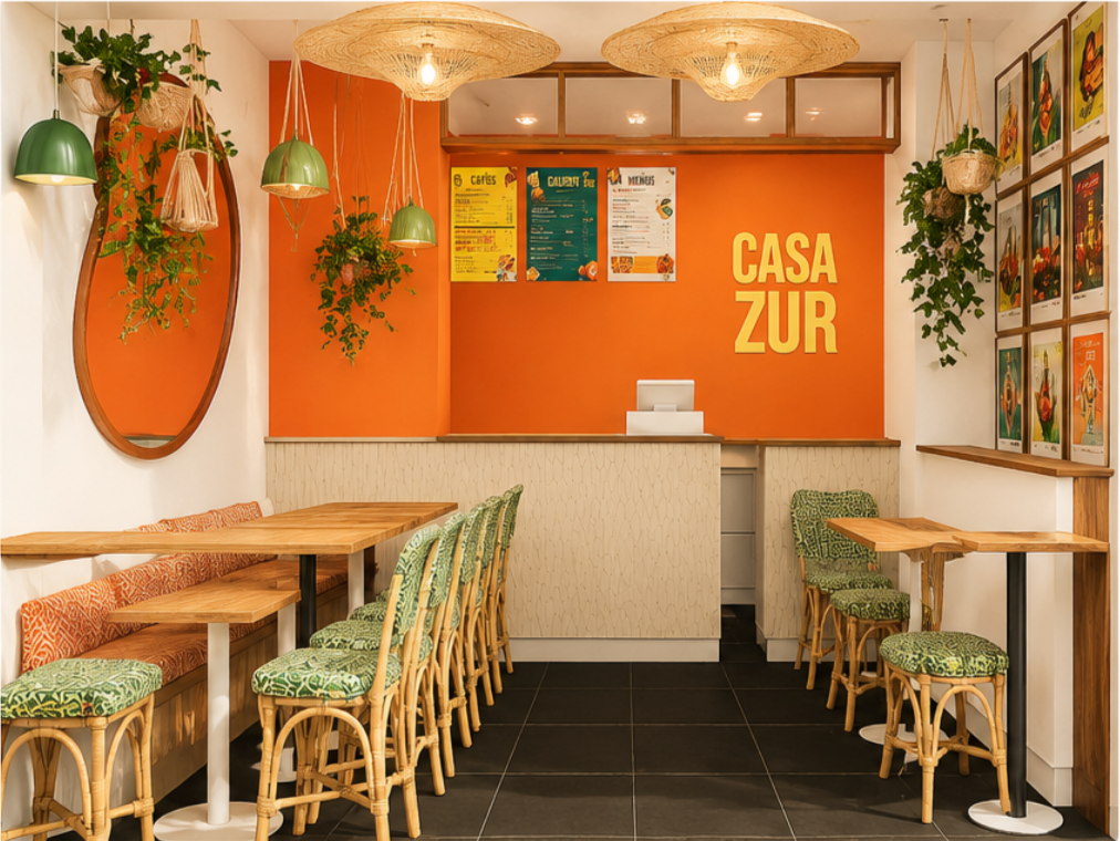 Vista del interior de un restaurante llamado Casa Zur, con decoración en tonos cálidos, plantas colgantes, sillas con tapizado verde y paredes adornadas con cuadros y un cartel de menú.