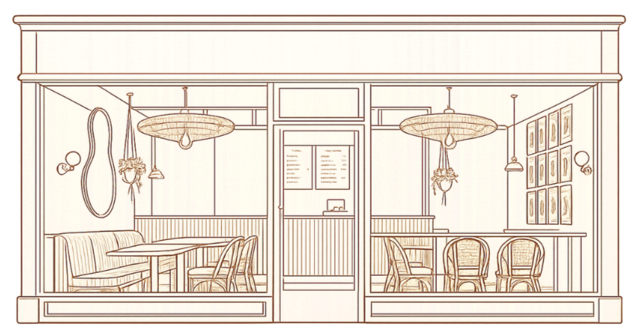 Ilustración de un interior de cafetería moderna con mobiliario de madera, lámparas de techo grandes y paredes decoradas con cuadros y espejos.