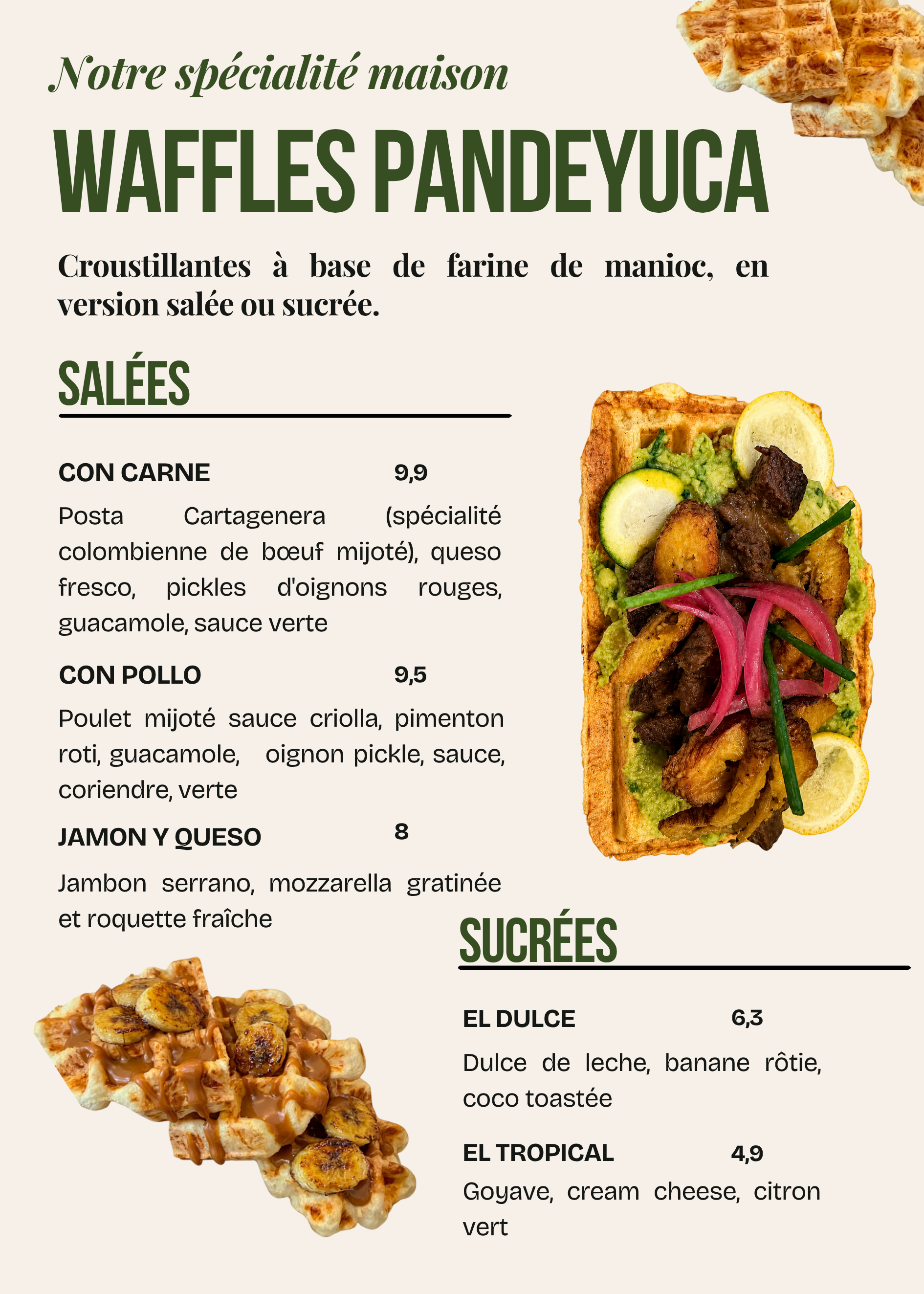 Menú de waffles con diferentes ingredientes y sabores, incluyendo opción con carne, pollo, jamón con queso y dulces como dulce de leche con banana, yizo y frambuesas, con imágenes de waffles y productos saludables.