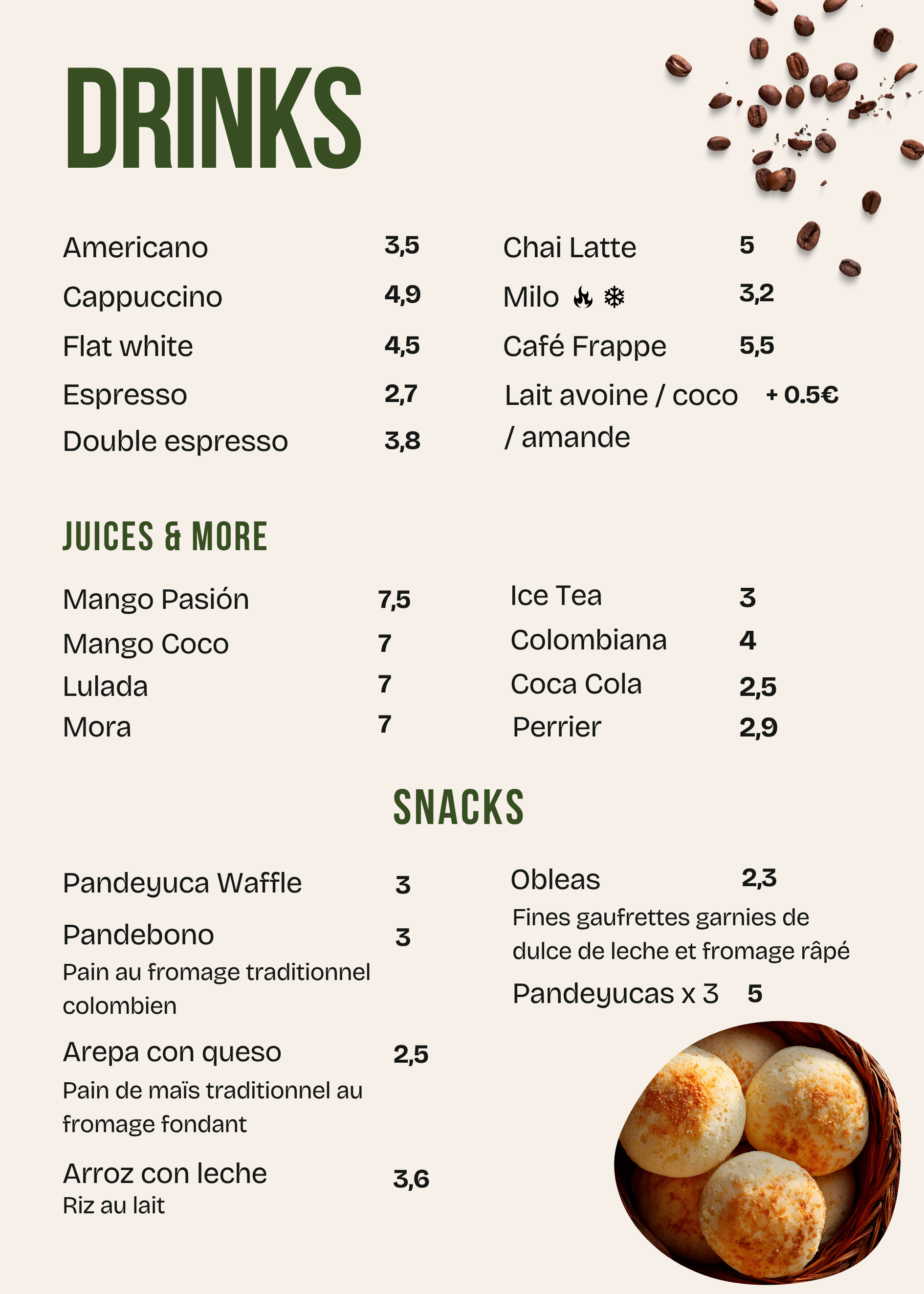 Menú de bebidas, jugos y snacks con nombres y precios en euros. Incluye café, tés, jugos de fruta, y dulces tradicionales en un fondo claro con granos de café y galletas rellenas de dulce de leche.