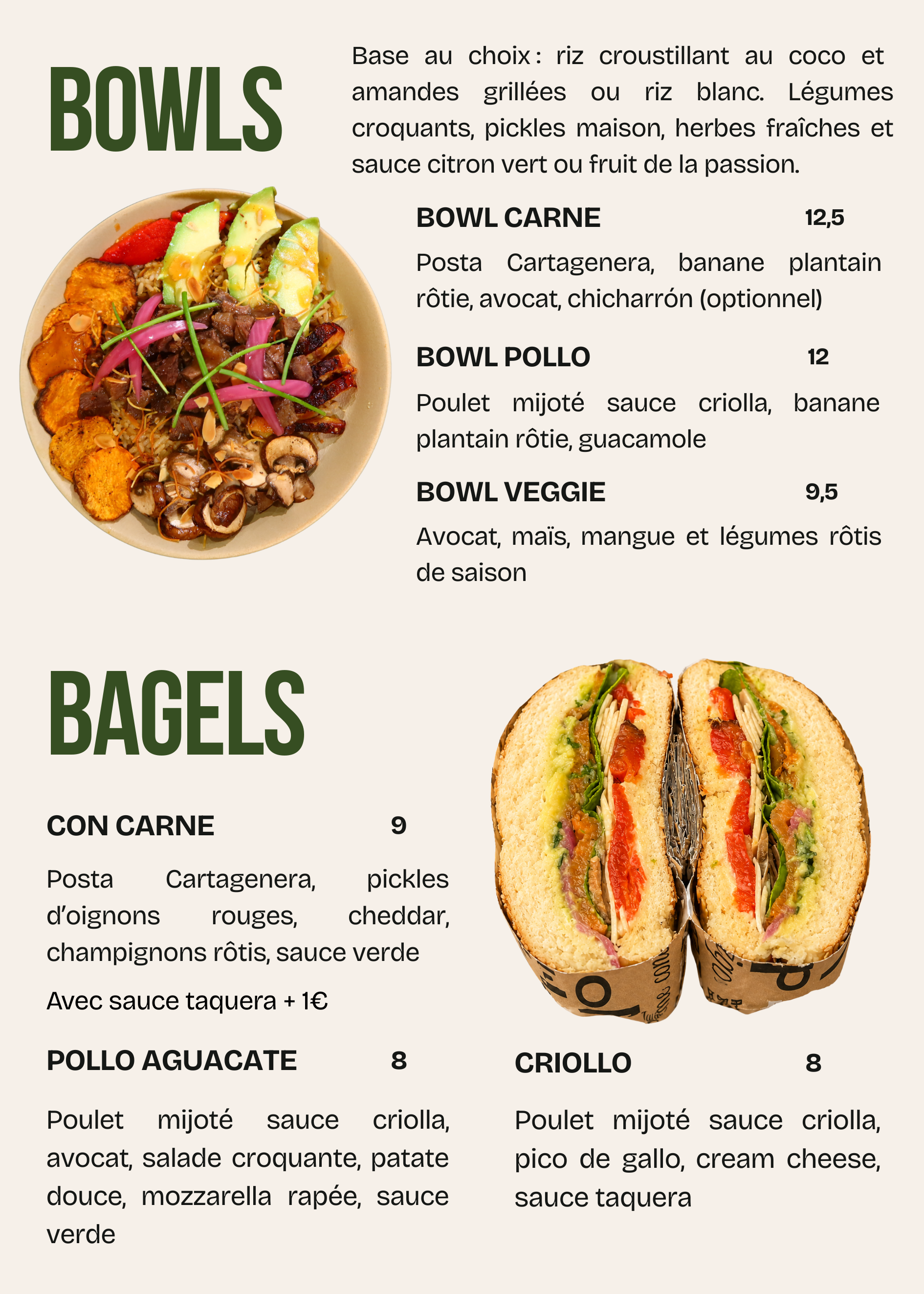 Menú de opciones de bowls y bagels con imágenes de cada uno. En la sección de bowls, hay una variedad con ingredientes como arroz, verduras, pollo y opciones vegetarianas. En la sección de bagels, hay bagels con diferentes rellenos y salsas.
