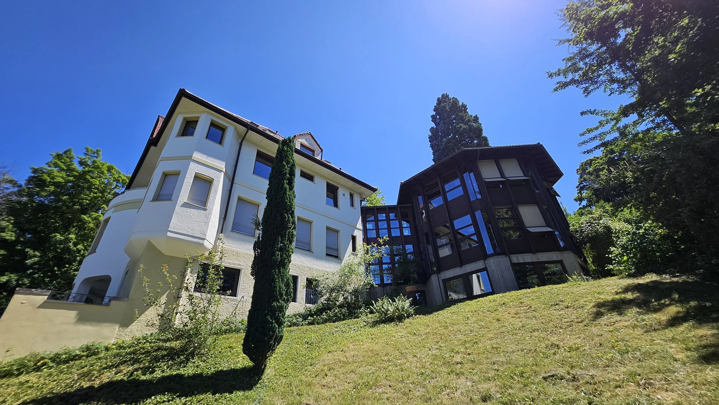Zwei moderne Häuser, eines weiß mit runden Fenstern und ein großes, dunkles Holzhaus mit vielen Glasfenstern, stehen auf einem begrünten Hang, umgeben von Bäumen unter einem klaren blauen Himmel.