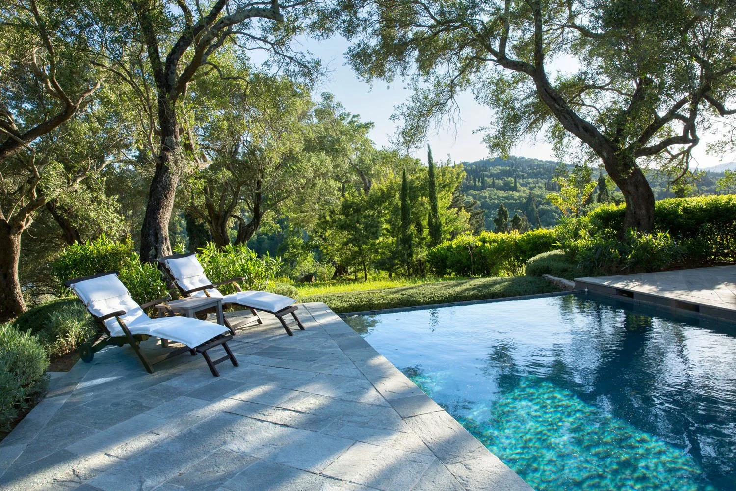 A backyard with a swimming pool, two lounge chairs with white cushions, surrounded by green trees and bushes, with hills in the background under a bright blue sky.