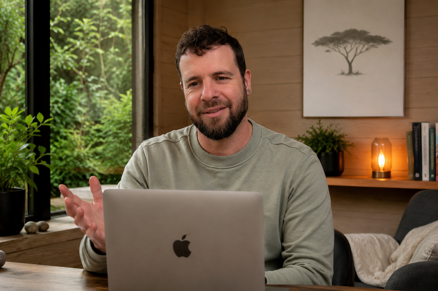 A man with a beard and mustache using a laptop in a cozy room with a large window and greenery outside. There are books, a small plant, and a lamp on a shelf behind him.
