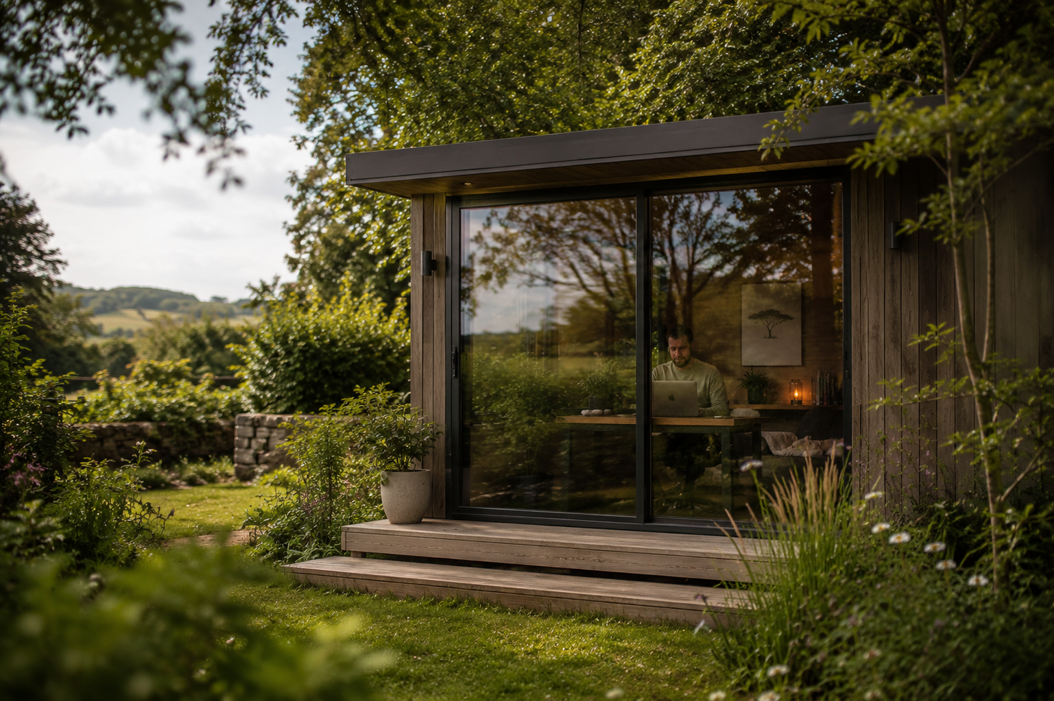 A person working on a laptop inside a modern wooden house with large glass sliding doors, surrounded by greenery and trees.
