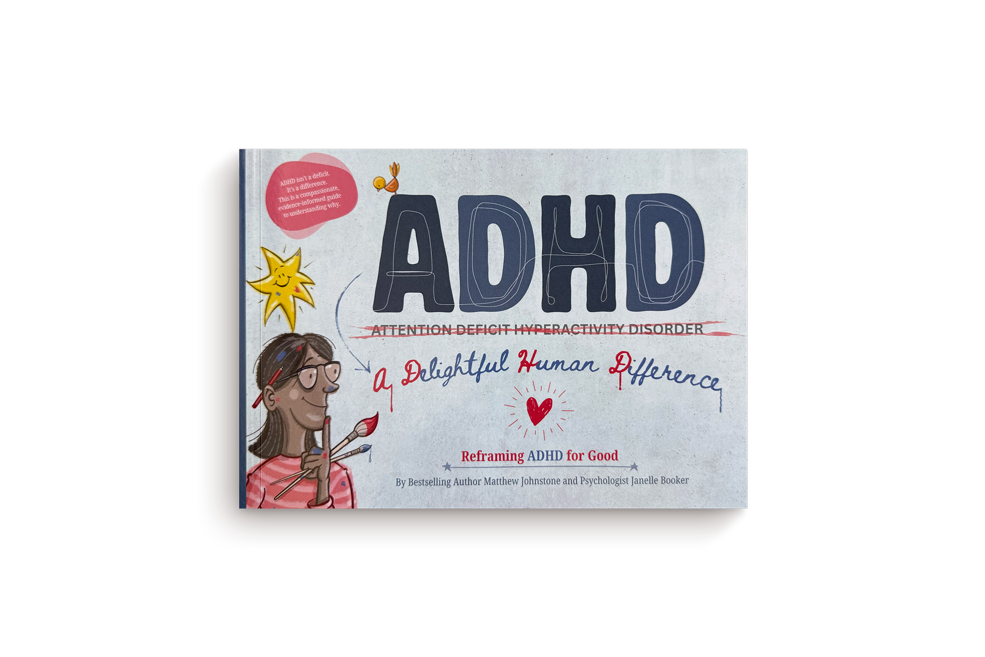 Book cover for “ADHD: A Delightful Human Difference,” reframing ADHD positively, with an illustrated woman holding paintbrushes.