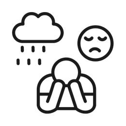 A person holding their head with a sad expression, a cloud with rain, indicating bad weather or feeling down.