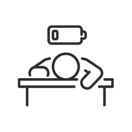 Person slumped over a desk with a low battery warning above, indicating exhaustion or fatigue.