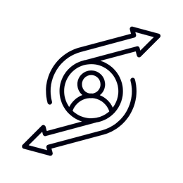 A circular arrow design with two arrows pointing in opposite directions and a person icon in the center, symbolizing a cycle or process involving a person.