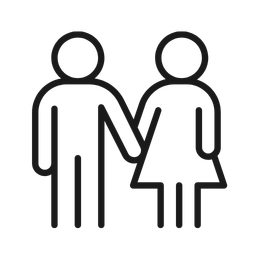 A simple line drawing of two people holding hands, one with long hair and wearing a dress, the other with short hair, wearing pants and a shirt.