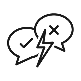 Line art icon of two speech bubbles with checkmark and cross, connected by a lightning bolt, symbolizing communication or decision making with conflict or agreement.