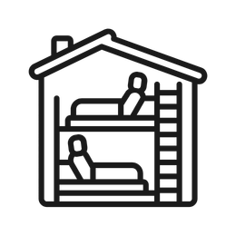 Cross-section of a house showing two people sleeping in bunk beds, with a person sitting at a desk in the upper level