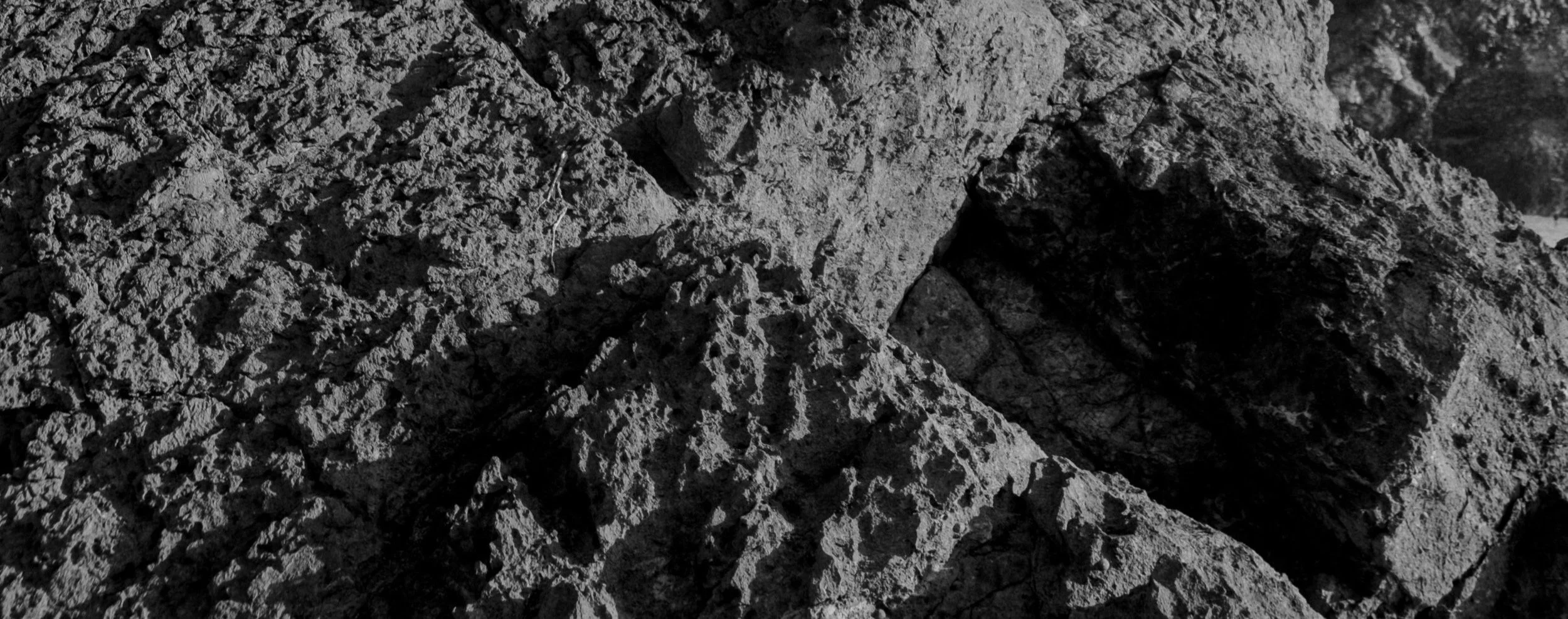 Black and white close-up of a rocky surface with rough, uneven textures.