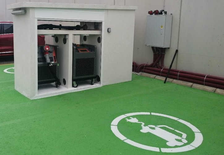 Electric vehicle charging station on a green surface with a charging symbol painted on the ground.
