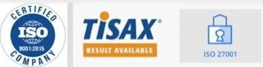 Logos of ISO 9001:2015, TISAX, and ISO 27001 certifications