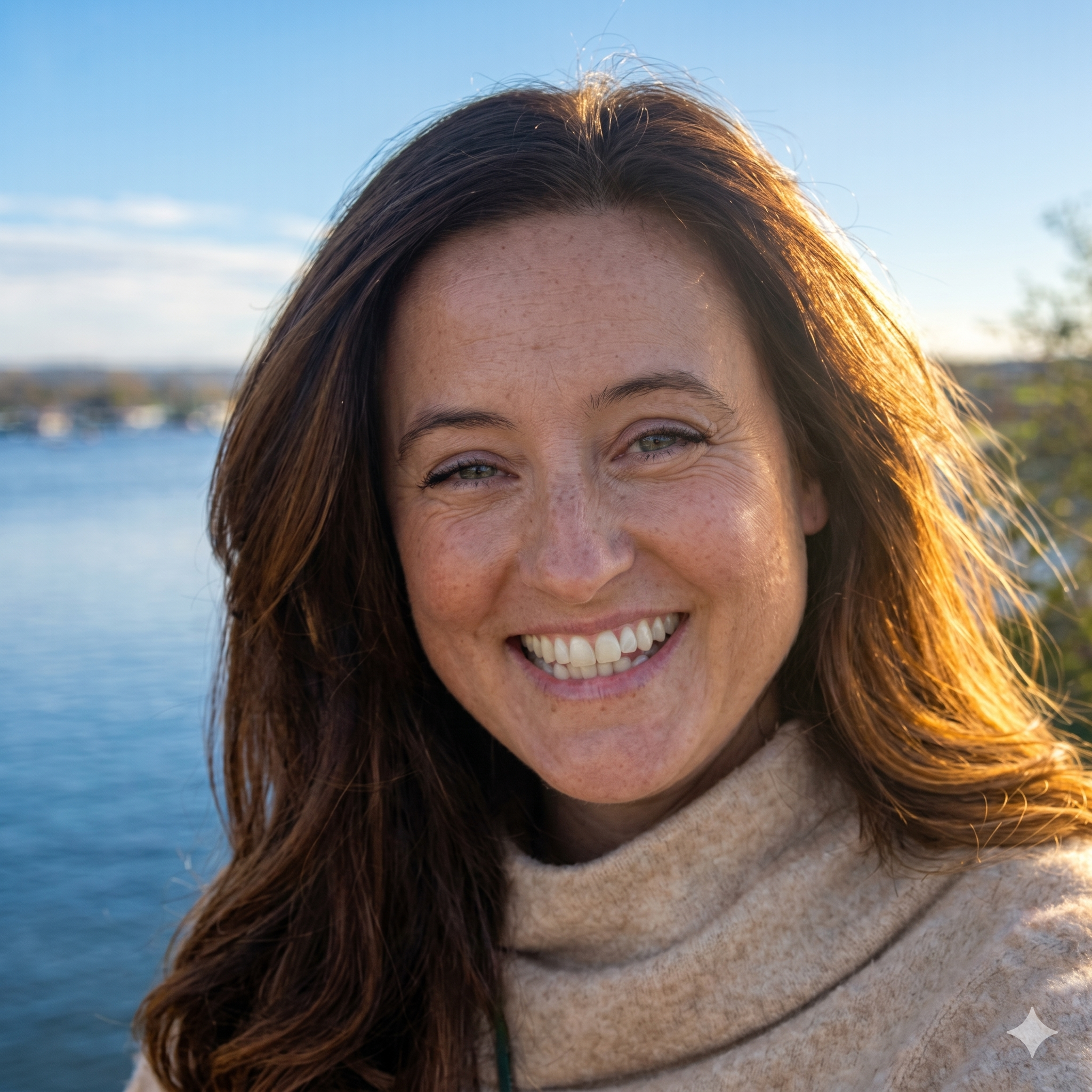 Close-up of a smiling woman with brown hair and green eyes, outdoors by a body of water, with a blue sky and some trees in the background.