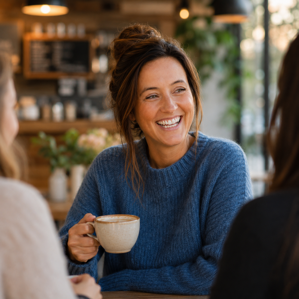 A woman with brown hair in a messy bun, wearing a blue sweater, smiling and holding a coffee mug while engaged in a conversation with two other women in a cozy cafe setting.