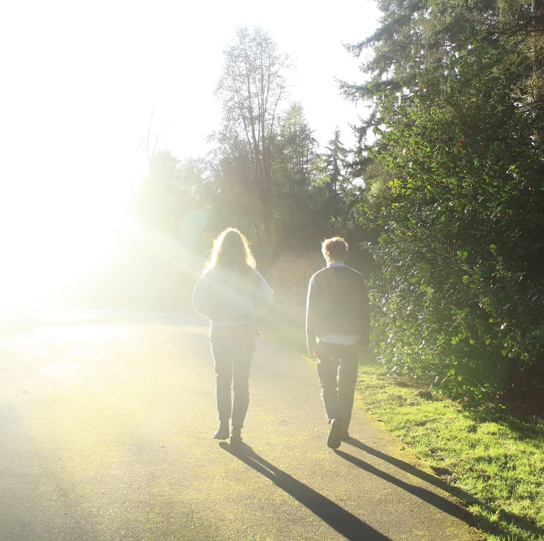 Two people walking on a path in a park, with the sun shining brightly from the left side and casting long shadows, surrounded by trees and greenery.
