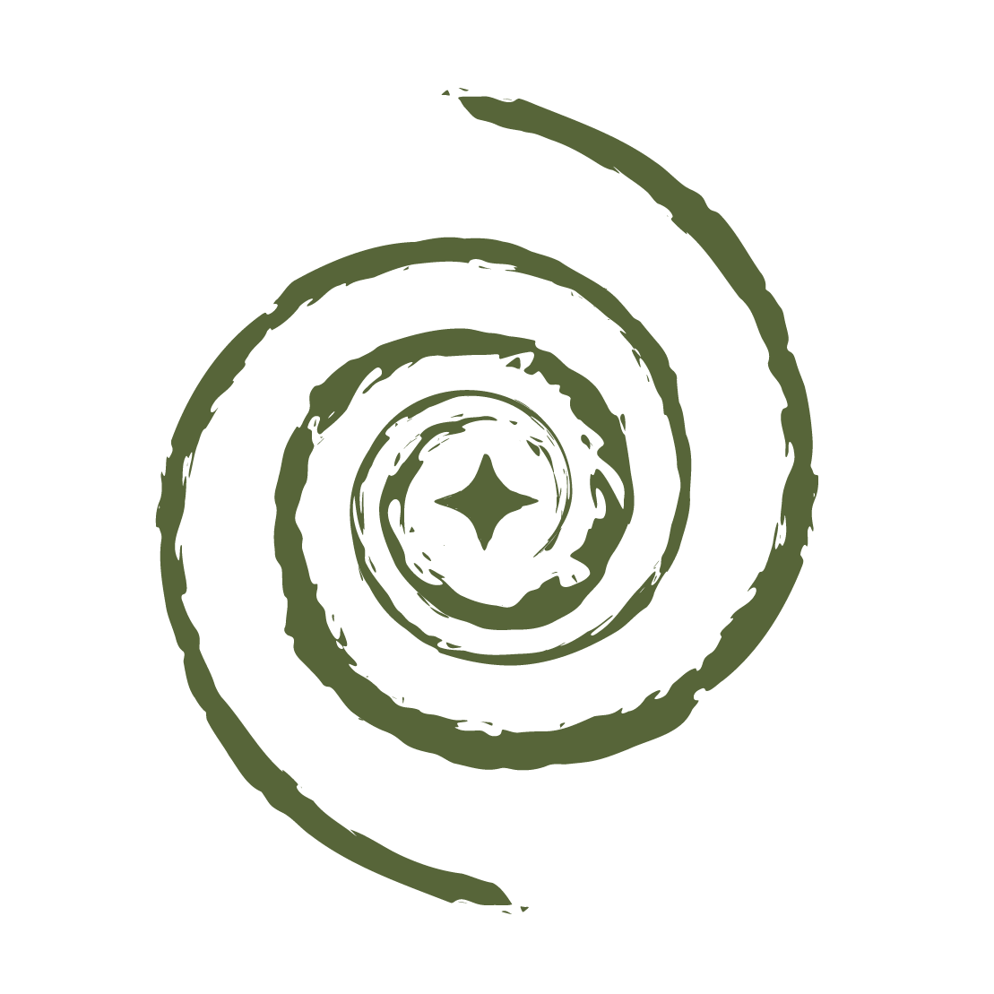 Abstract spiral pattern with a star-shaped center in dark green on black background.