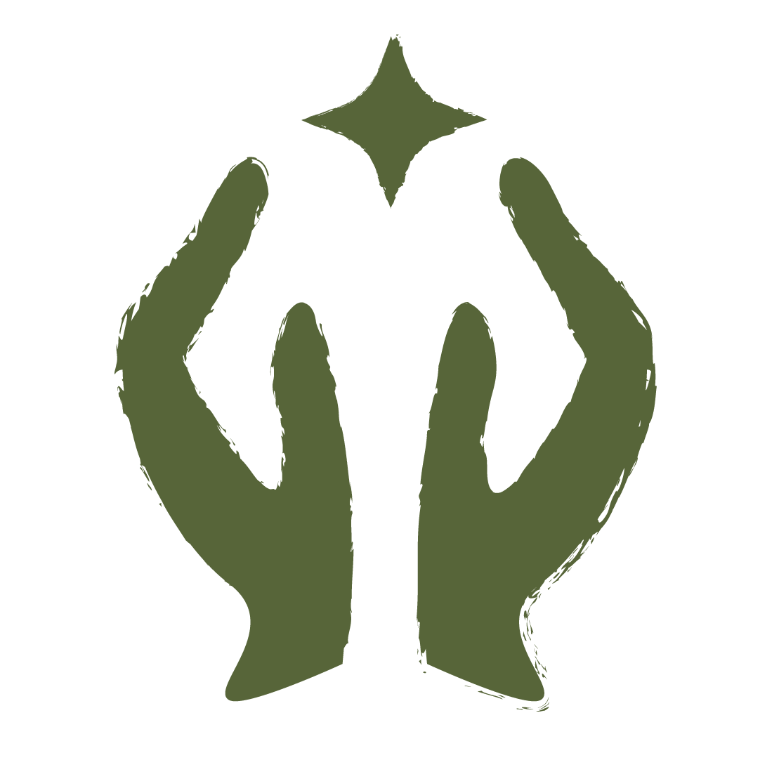 Two green hands forming a prayer or meditation gesture with a star-like sparkle above them.