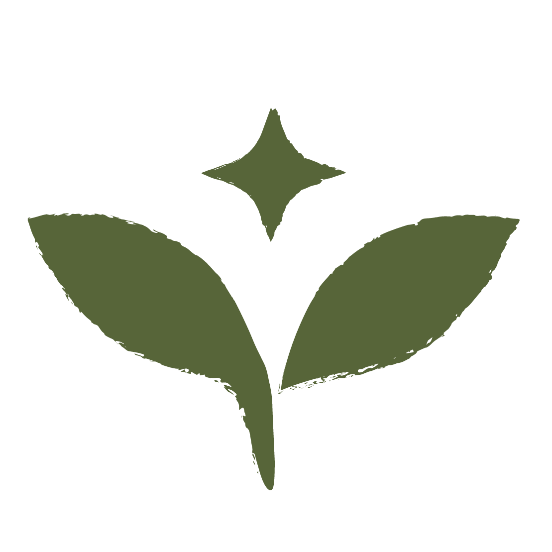 A stylized green plant with two leaves and a small star-like sparkle above it.