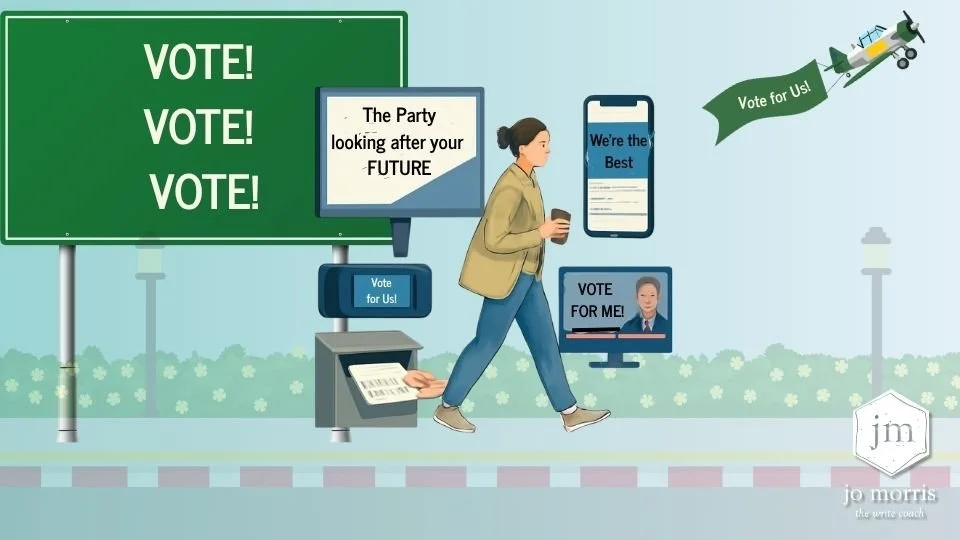 Person surrounded by election messages appearing on a phone, television, roadside billboard and mailbox, illustrating how political language appears in everyday life.