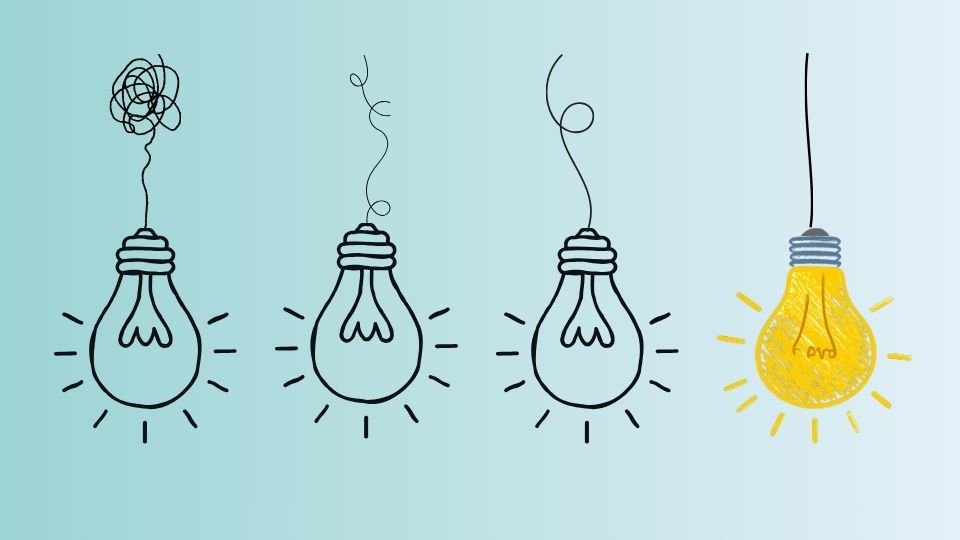 Minimal line drawing of four lightbulbs, with one glowing more brightly than the others to represent a clear, focused idea among multiple thoughts.