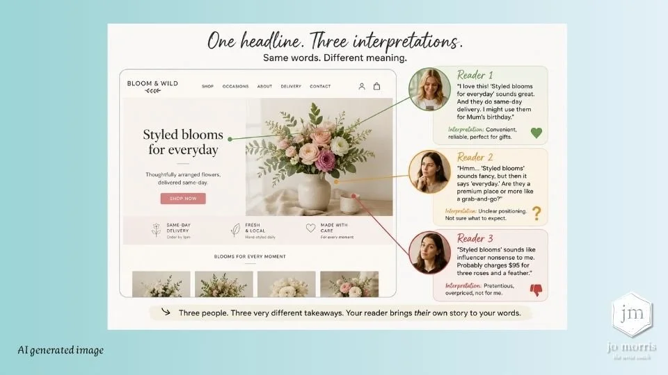 Mock website homepage with the headline "Styled blooms for everyday" alongside three different reader reactions, demonstrating how website copy can be interpreted in multiple ways.