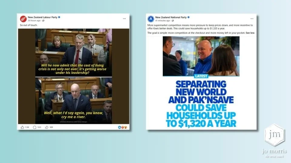 Labour and National Party social media posts shown side by side for comparison of their language, framing and persuasive techniques.
