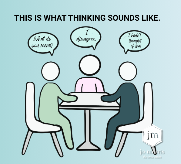 Students discussing ideas around a table with phrases including “I'm not sure”, “I disagree”, “What do you mean?”, “I hadn't thought of that” and “I've changed my mind”.