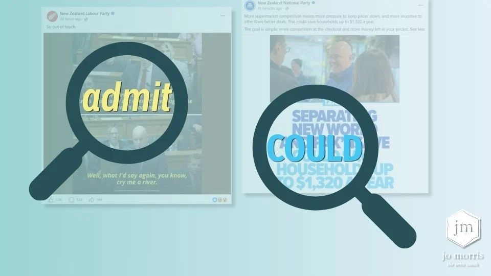 The words “admit” and “could” enlarged to show how small word choices can shape assumptions and certainty in political messages.