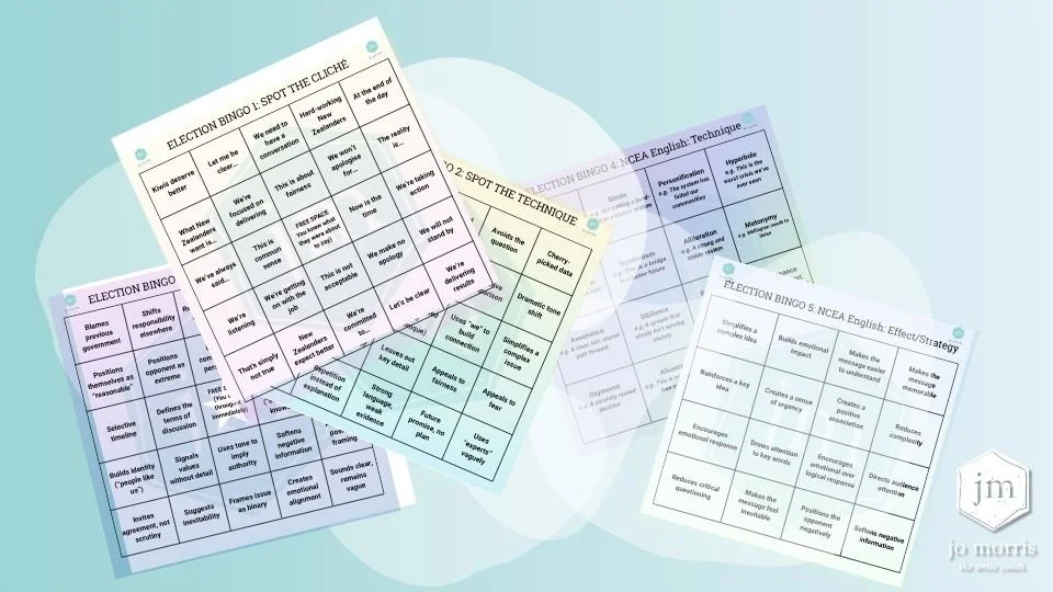 The Write Coach Election Bingo sheets featuring recurring phrases, techniques and strategies used in political communication.