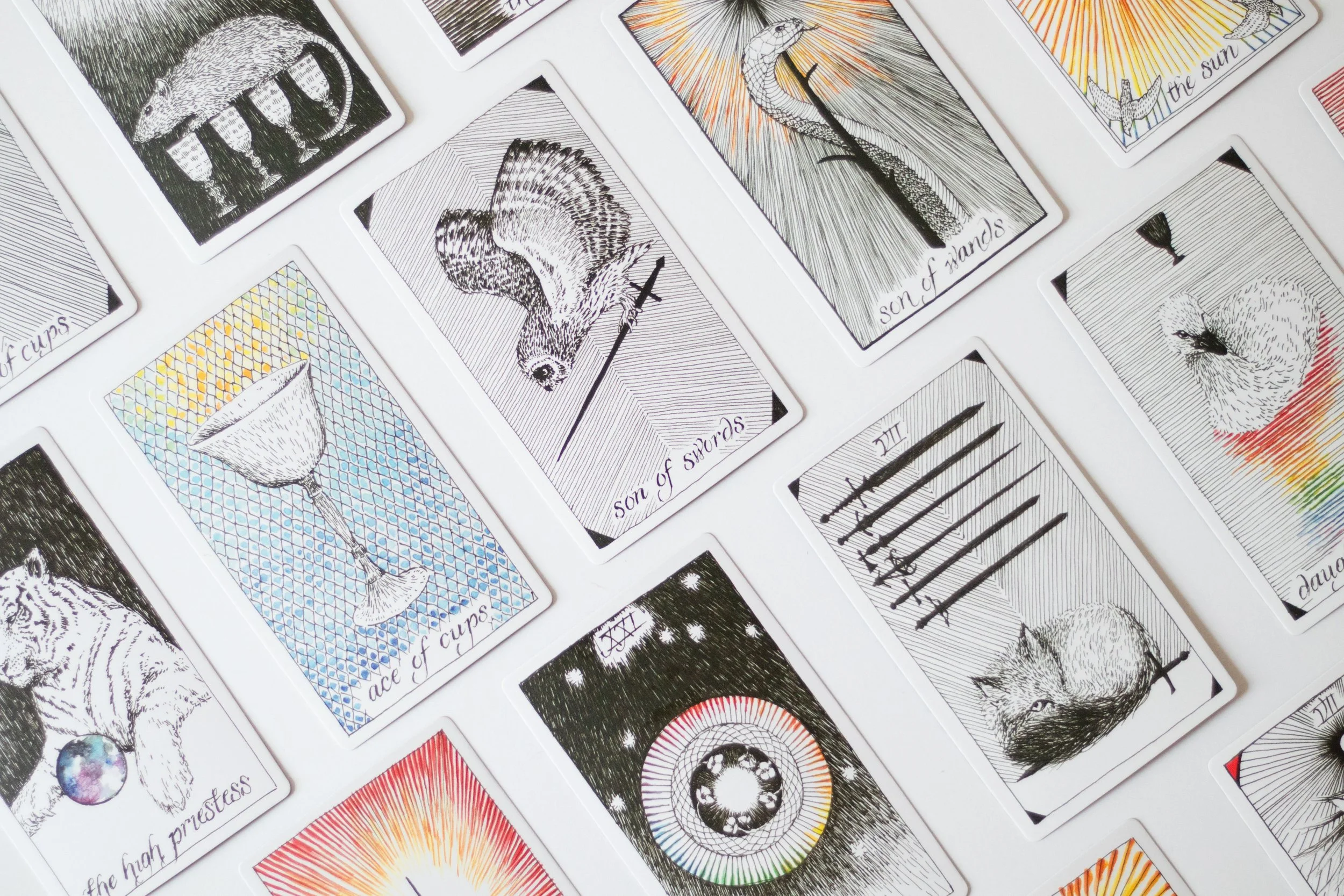 A close-up of a black-and-white hand-illustrated tarot deck spread out on a table.