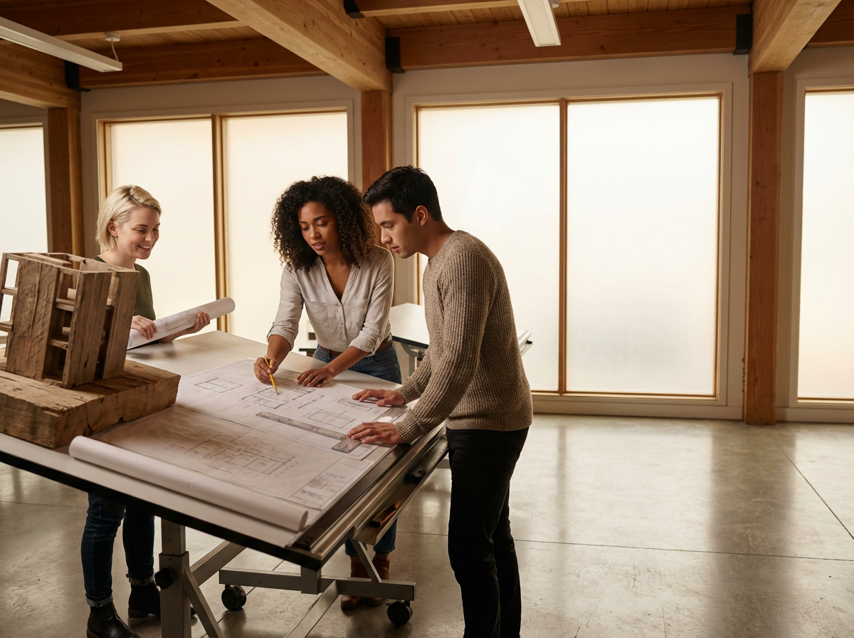 Three people, two women and one man, are working on architectural blueprints in a well-lit room with large windows and wooden beams.