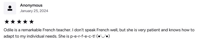 Online review of a French teacher named Odile praising her patience and adaptability, with five stars.