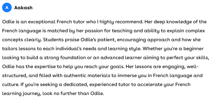 Text recommending Odile as an exceptional French tutor, praising her knowledge, teaching style, and personalized approach for learners at all levels.