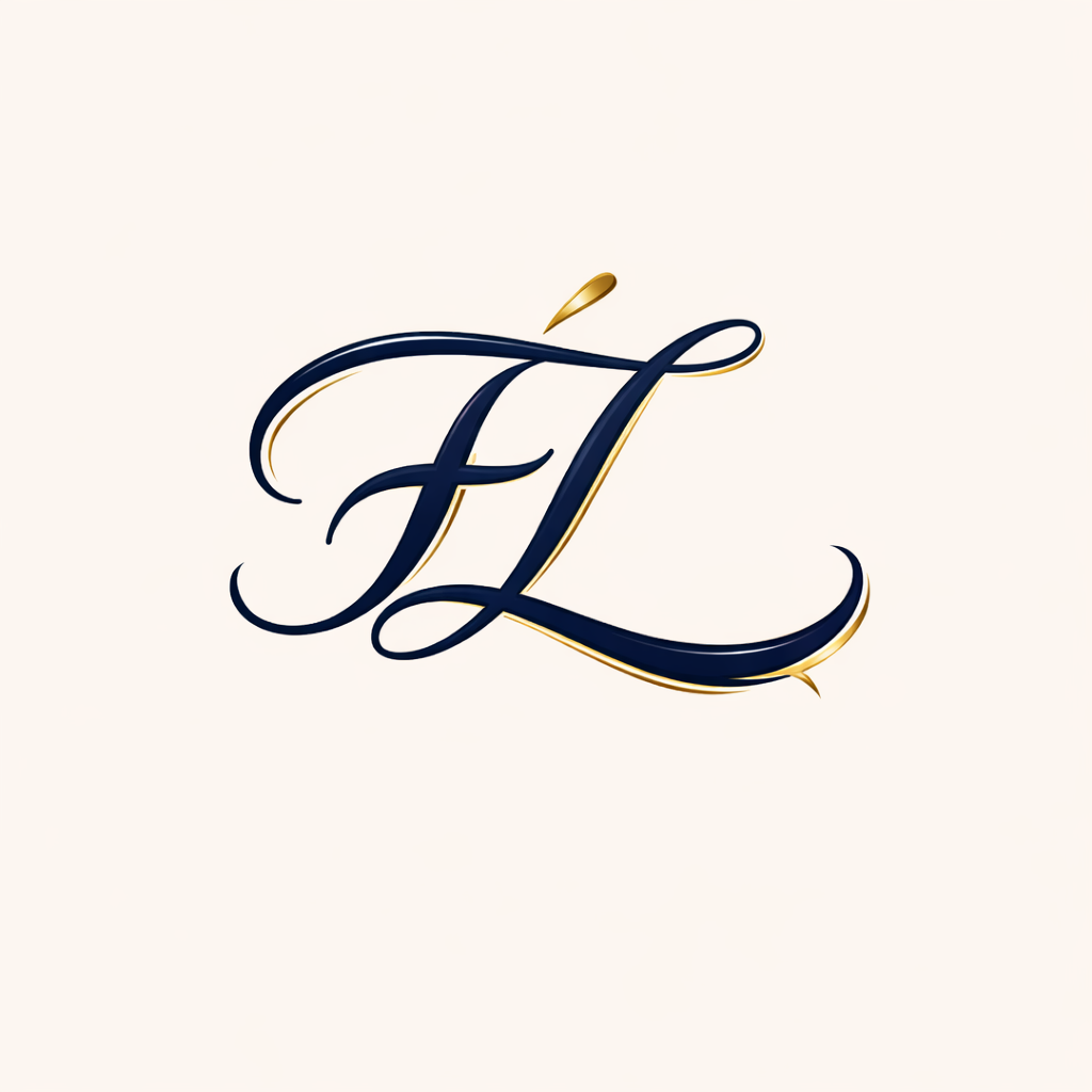 Elegant black and gold cursive letter 'L' on a cream background.